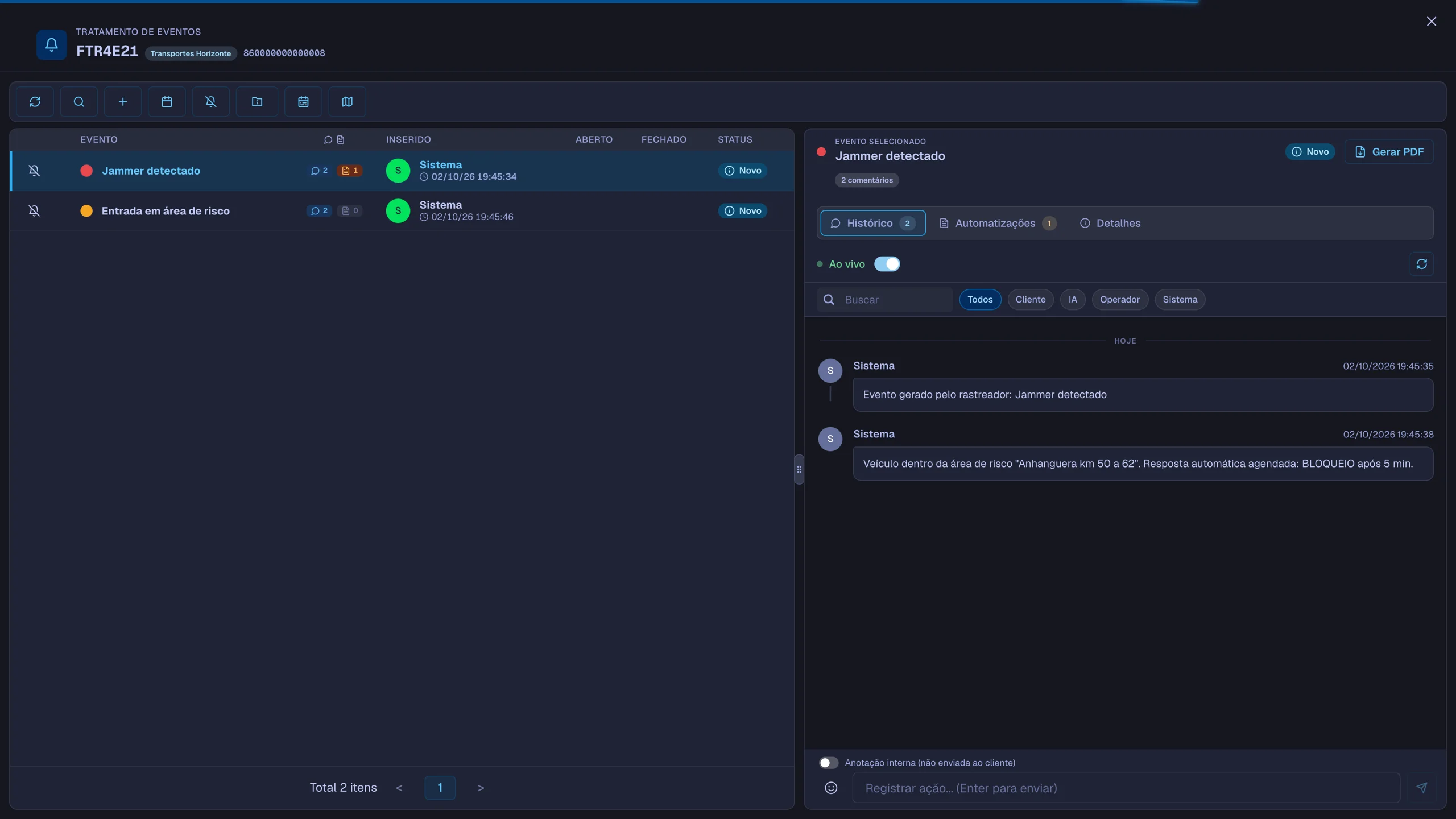 Tratamento de eventos do veículo FTR4E21: lista de eventos e linha do tempo com a resposta automática de bloqueio agendada